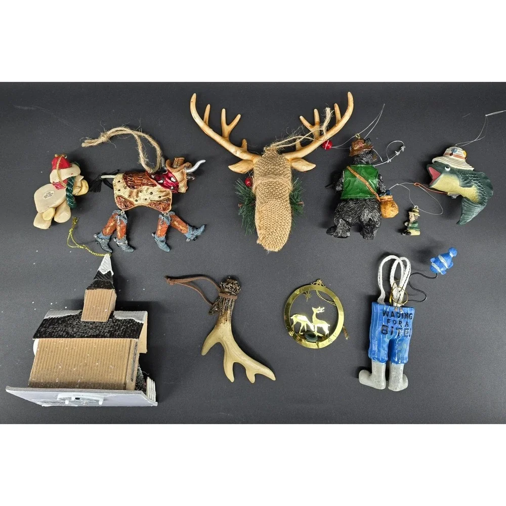 Vintage Lot Of 9 Outdoor Theme Christmas Ornaments Fishing Cows Hunting‎ Rustic